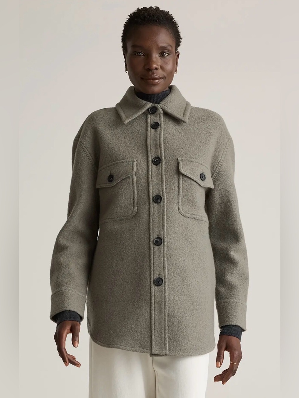 Quince Women’s Merino Wool Shacket in Olive, Size Medium, Like New.